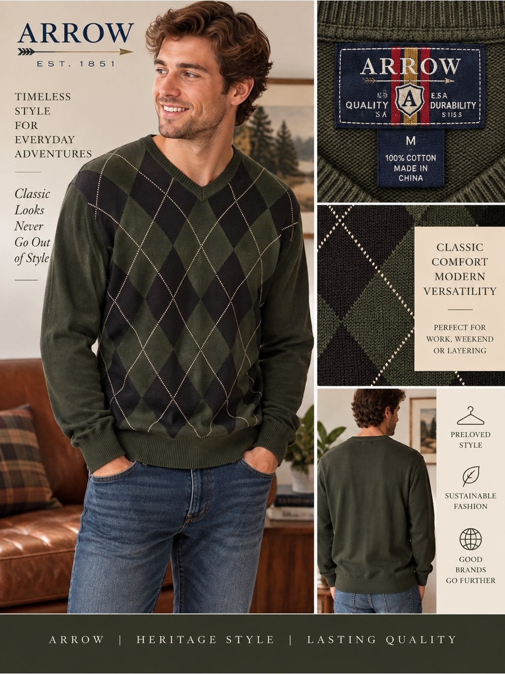 Arrow Men’s Medium Green Argyle Sweater 100% Cotton V-Neck Grandpa Core Preppy